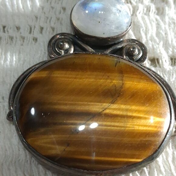 Vintage 925 Silver Real Tiger Eye & Moonstone Gemstone Oval Pendant Boho Hippie - Picture 9 of 16